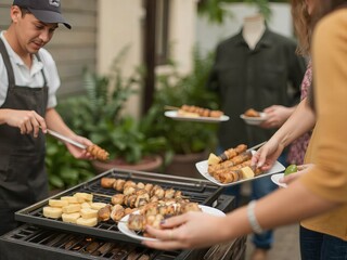 Chef grilling skewers at outdoor event with guests holding plates and selecting food from the grill