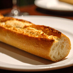 in the image, a long, golden brown loaf of bread is presented on a white plate, casting a soft shadow to its side