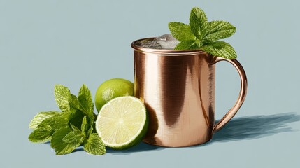 Mug filled with a refreshing drink garnished with lime and mint. The drink is served in a copper mug, which adds a touch of elegance to the presentation