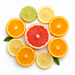 Fototapeta premium the image shows an arrangement of sliced citrus fruits on a white background