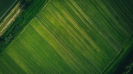 Aerial view of cultivated fields.  Green rows.  Agricultural landscape
