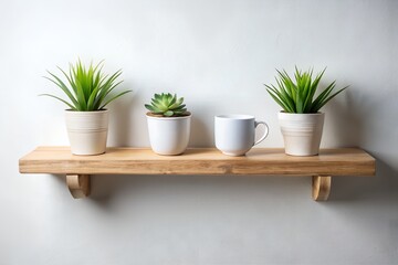 Fototapeta premium Modern Minimalist Home Decor Wooden Shelf with Succulents and Coffee Mug