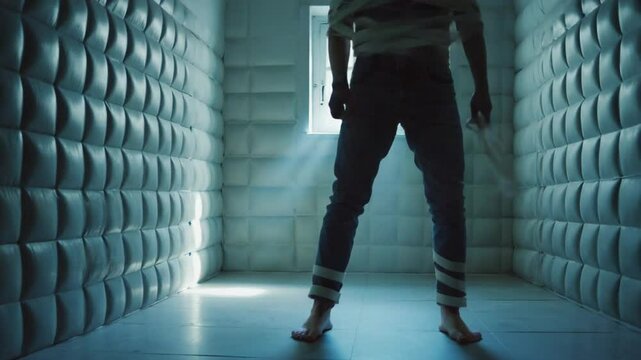 Man in a straitjacket in a psychiatric hospital.