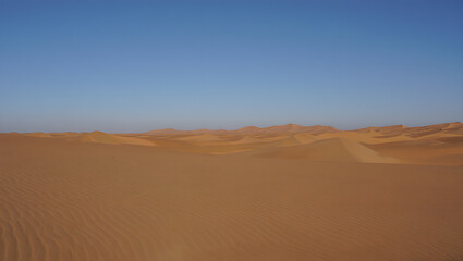 Expansive Sahara Desert landscape at sunrise, showing vast sand dunes under a clear blue sky, creating a serene and peaceful atmosphere.