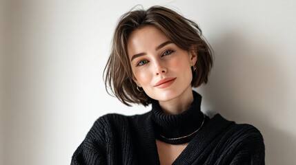 Fototapeta premium Woman with short brown hair and a black sweater is smiling. She is wearing a necklace and earrings