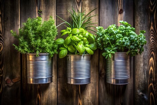 Vertical Herb Garden in Recycled Tin Cans A Rustic Kitchen Décor Idea - Powered by Adobe