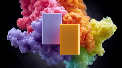 Two colorful boxes in the middle of a colorful cloud of smoke. The boxes are orange and purple, and they appear to be floating in the air. The smoke is a mix of different colors, creating a vibrant