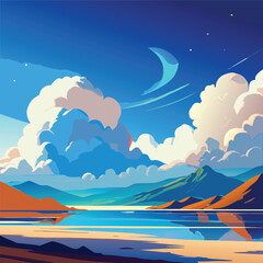 Celestial Serenity: A stylized landscape painting showcases a serene vista, where a crescent moon and stars adorn a vibrant blue sky, hovering above tranquil waters reflecting the mountainous horizon.