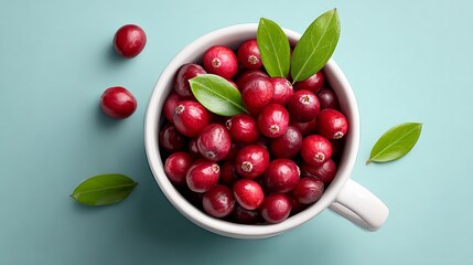 White bowl filled with red berries and green leaves. The bowl is placed on a blue surface
