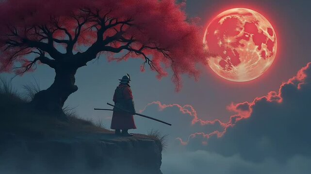A fantasy illustration of a samurai warrior standing on a cliff edge
