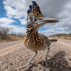 A roadrunner stands on a dirt road, looking directly at the camera. The sky and clouds are visible in the background.