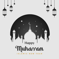 Happy Muharram Islamic Greeting Card Design with Decorative Islamic Background