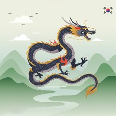 Obraz premium A traditional Asian dragon artwork featuring a fierce, coiled dragon with a golden and black color scheme. 