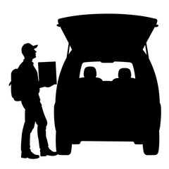 Silhouette of delivery driver with boxes loading van, logistics and transportation