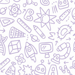 Education doodle seamless pattern. Science line hand drawn elements - mathematics formula, chemistry molecule, dna, graph, scientific experiment vector repeated background