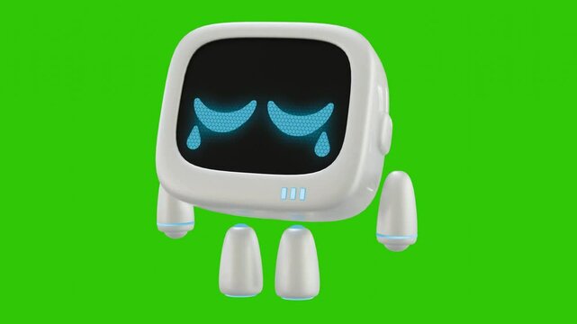 White 3D robot character animation with sad and crying movement. Green screen background. Perfect looping.