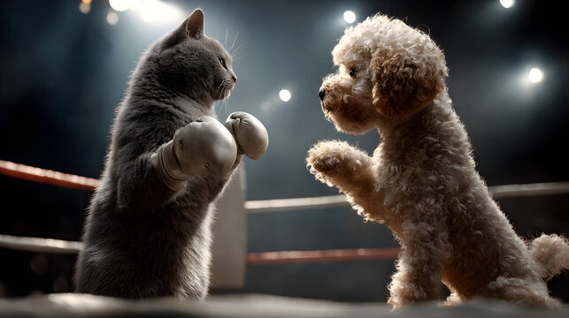 A gray cat wearing boxing gloves faces a poodle in a boxing ring under spotlights. The animals are in a fighting stance.