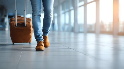 Fototapeta premium Close-up of a traveler from the waist down in jeans and shoes pulling a suitcase inside a modern airport with blank space on the left for copy.