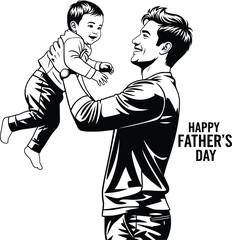 modern black and white father's day vector illustration stylish, minimalist design celebrating fatherhood, perfect for cards, social media, and gifts carrying lifting a child