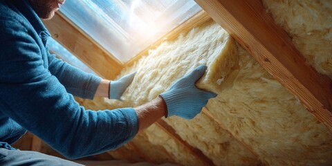 Insulation installation in an attic. Energy efficiency upgrade, professional installing insulation, safety gear, working on building improvement in the roof.