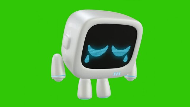 White 3D robot character animation with crying movement.