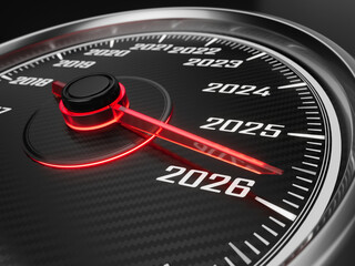 Black speedometer with needle moving to the year 2026 - 3d illustration