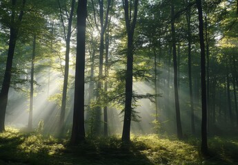 Obraz premium Misty forest trees are illuminated by the sun's rays in the early morning