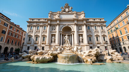 Naklejka premium Trevi Fountain (1762) - most famous and arguably the most beautiful fountain in all of Rome. Impressive monument dominates the small Trevi Square. Rome, Italy.