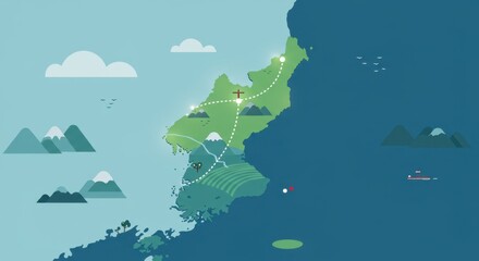 A stylized illustration of South Korea featuring vibrant green landscapes, traditional temples, mountains, and a river.