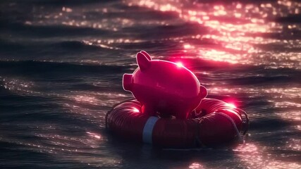 Pink piggy bank on a life raft in stormy water