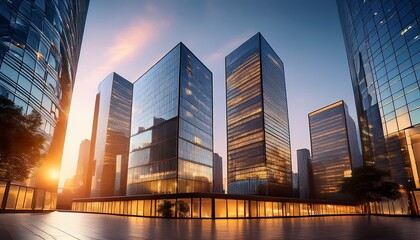 glass curtain walls of office towers with warm interior lighting suggesting activity enterprise and collaboration