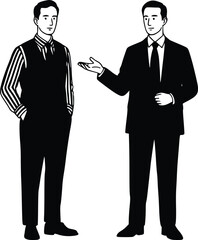 Silhouette of two people in profile, one in casual attire and one in suit, engaged in communication or presentation