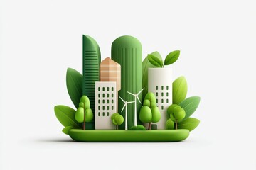 Eco-friendly city landscape with solar farms, wind turbines, and public transportation, representing sustainable development goals, environmental planning, and renewable infrastructure in balanced