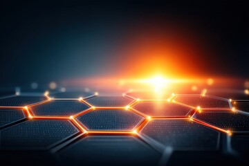 Macro image of photovoltaic solar cell surface, clean geometric patterns with light reflection, representing advanced solar energy technology and efficient, modern renewable power generation.