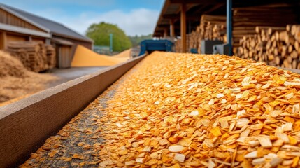 Interior of active biomass energy plant, showing turbines, conveyor belts with organic matter, real-time renewable power generation using sustainable, recycled natural resources.
