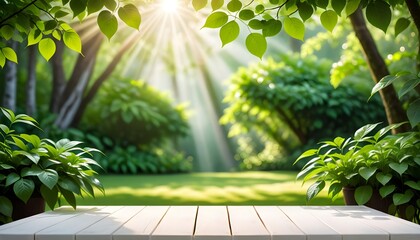 Sunny garden scene with white wooden table