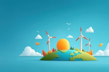 Globe overlaid with wind, solar, and hydro symbols, surrounded by leaves and sky, representing unity of green renewable sources and Earth’s sustainable energy potential.