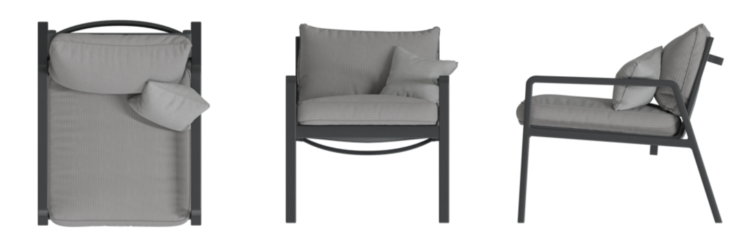 Furniture Lounge Chair Armchair Top View, Front View, Side View. Isolated Transparent Background