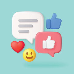 Colorful 3d icons of chat bubbles, thumbs up, heart, and smiley face for social media feedback and engagement on isolated blue background vector illustration