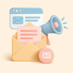 Modern 3d style envelope, megaphone, and email window symbolize digital marketing, newsletter promotion, and online communication on an isolated background vector illustration