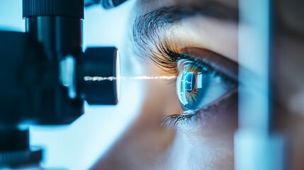 Eye Examination with Slit Lamp Macro View in Blue Tones Ophthalmology and Healthcare