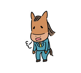 スーツ姿でため息をつく馬のキャラクターイラスト