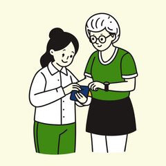 Elderly Woman Helps Young Woman Learn to Use Smartwatch in Community Center