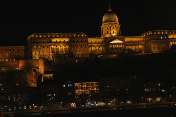 Danube embankment at the evening and night. Autumn in Budapest. Old architecture. High resolution...