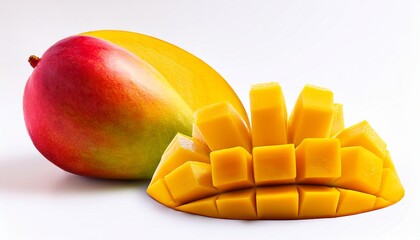fresh tropical mango whole and sliced into juicy pieces with pit arranged on white background isolated ripe yellow fruit for food and diet visuals