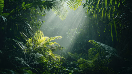 Obraz premium Foggy Tropical Rainforest with Ferns and Sunlight