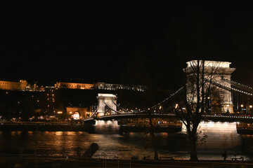 Danube embankment at the evening and night. Autumn in Budapest. Old architecture. High resolution...