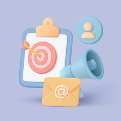 Modern 3d style email marketing concept with target, megaphone, envelope, and user icon for digital campaigns, audience engagement, and communication strategy vector illustration