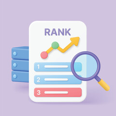 Colorful 3D chart with ranking positions, magnifying glass, and upward trend arrow representing internet search ranking tracking and SEO analytics on isolated background vector illustration