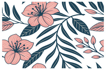 Elegant Floral Pattern Pink Blossom and Dark Green Leaves Seamless Design